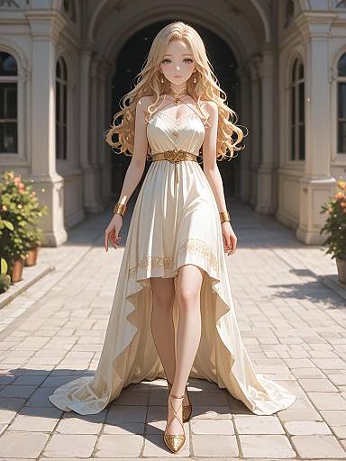 Digital artwork of a blonde woman in a flowing white gown with gold accents, walking down a sunlit, arched stone corridor.