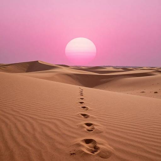 Photograph of a desert at sunset with a pink-orange sky, large bright sun, ridged sand dunes, and a trail of footprints leading