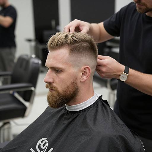 Photograph of a bearded man with blonde undercut and sideburns, seated in a modern black-and-white barber shop, getting his hair styled.