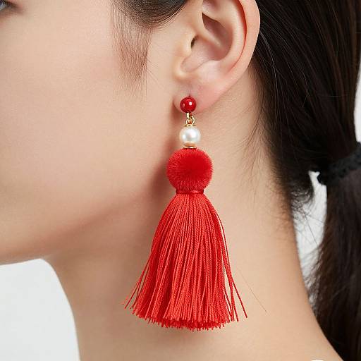 Close-Up Red Tassel Earrings Detail