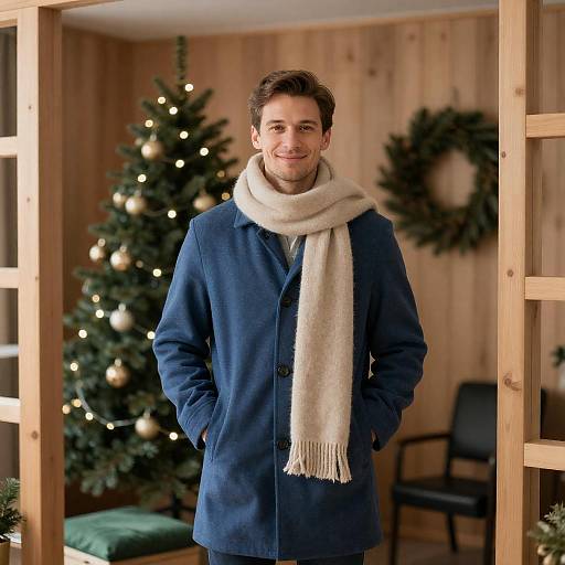 Man in Blue Coat with Scarf by Christmas Tree