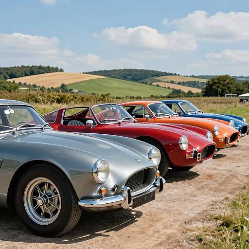 Photograph of five vibrant classic convertible sports cars (gray, red, orange, blue) parked in a sunlit rural field with rolling hills.