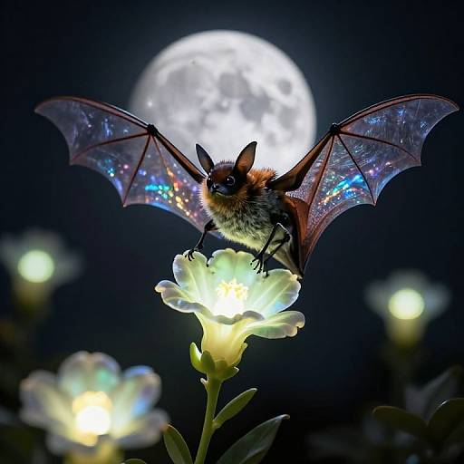 Photograph of a bat with iridescent wings perched on a glowing white flower under a full moon in a dark night sky.