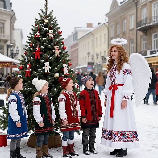 Photograph of a Christmas scene: angelic woman in white dress with red belt and halo stands beside four children in traditional Eastern European Christmas outfits, adm
