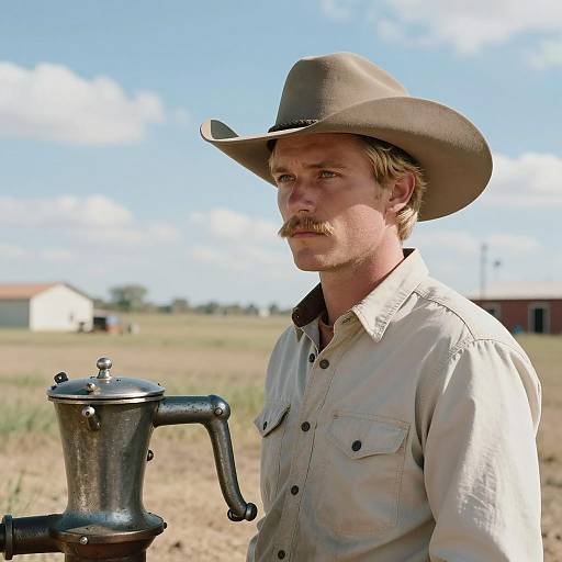 Serious Cowboy in a Grassy Landscape
