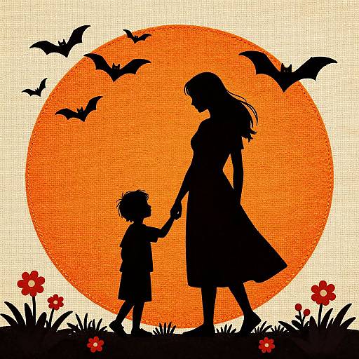 Silhouetted mother and child holding hands, against a large orange sun and flying bats, with red flowers and grass below. Digital illustration in a