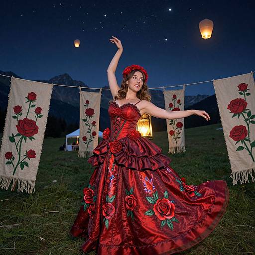 Photograph of a woman in a red floral ball gown, dancing under a starry night sky, with lanterns and rose-patterned fabric.