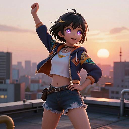 Digital anime-style illustration of a girl with glowing purple eyes, short black hair, wearing a blue jacket, white crop top, and denim shorts, standing