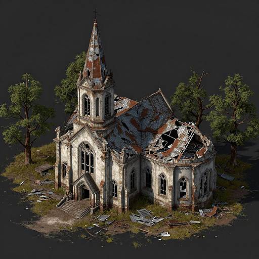 Photorealistic digital artwork of a dilapidated, abandoned church with a rusted, broken steeple, surrounded by overgrown grass, debris