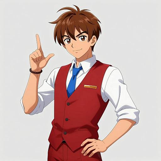 Digital anime-style drawing of a confident young man with brown hair, wearing a red vest, white shirt, blue tie, and name tag, pointing upward