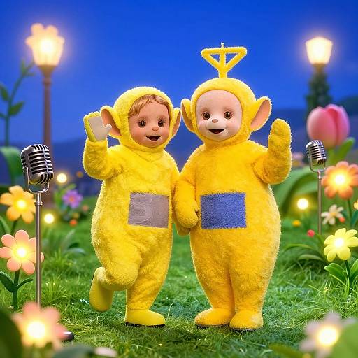 Photograph of two children in yellow, fluffy, frog-like costumes with blue squares, waving beside vintage microphones in a colorful, twilight garden.