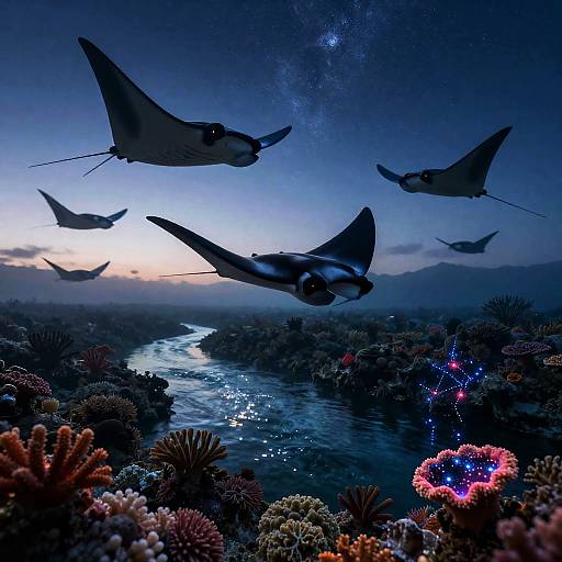Starlit Manta Rays Over Sky Reef at Dawn
