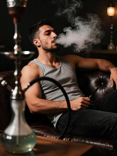 Reclining Man Smoking Shisha in Lounge