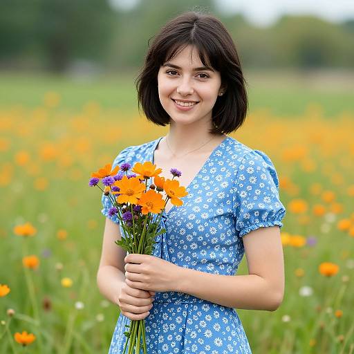 Young woman with short black hair, smiling, holding a bouquet of orange and purple flowers, wearing a blue floral dress, standing in a vibrant, sunny