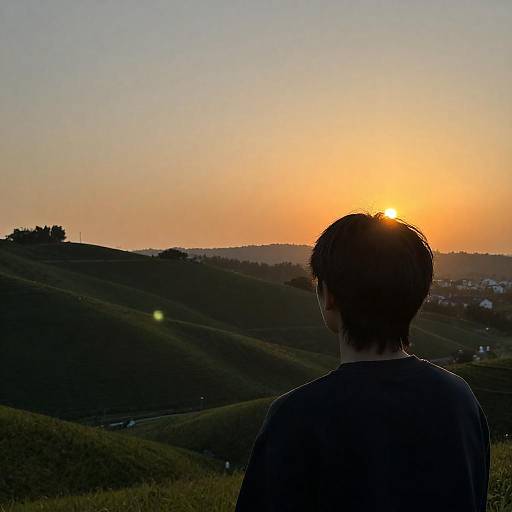 Silhouette Watching Sunset Over Green Hills