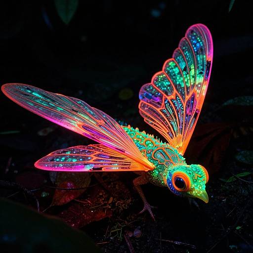 Glow-in-the-dark, neon-colored butterfly with vibrant pink, green, blue, and orange wings, illuminated against a dark background. Photographic art