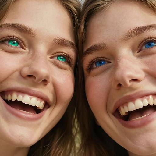 Close-up photograph of two smiling young girls, one with brown hair and green eyes, the other with blonde hair and blue eyes. Both have bright,