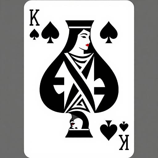 Digital illustration of a King of Spades playing card featuring a stylized, black silhouette face with red lips, surrounded by black spade symbols. Bold
