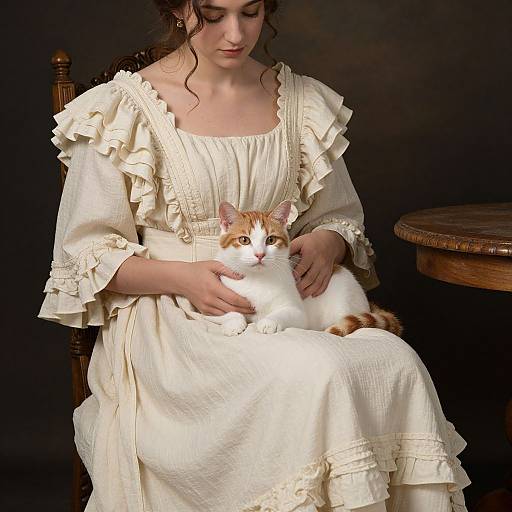Photograph of a fair-skinned woman with curly brown hair in a frilled, cream-colored Victorian dress, gently holding a white and orange tabby
