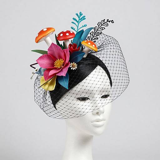 Digital artwork of a white mask with black hair, wearing a netted hat adorned with vibrant flowers, mushrooms, and leaves.