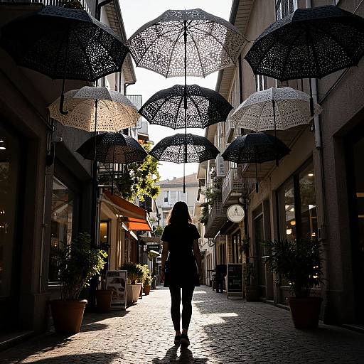 Photograph of a silhouetted woman walking down a sunlit cobblestone alley with black and white patterned umbrellas hanging above her.
