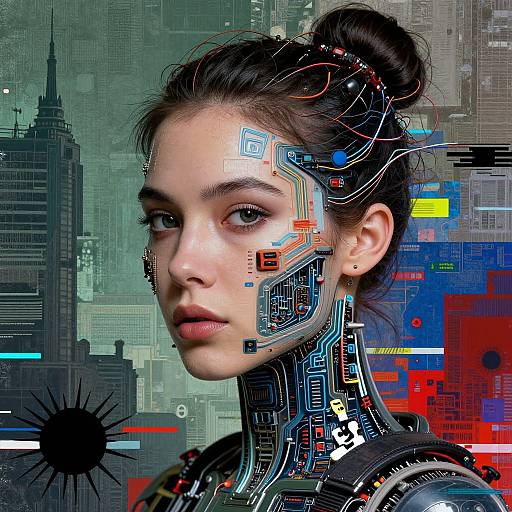 Digital artwork of a cybernetic woman with dark hair in a bun, futuristic cityscape background, circuitry and colorful LED patterns integrated into her face