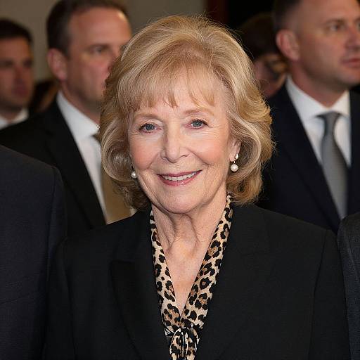 Photograph of a smiling, middle-aged blonde woman with short, wavy hair, wearing a black blazer and leopard print scarf, surrounded by blurred
