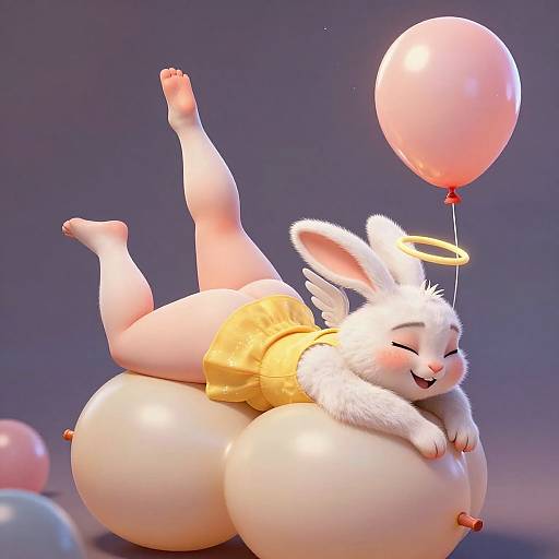 CGI image of a cute, white, furry, angelic bunny with a halo, lying on two large white balloons, holding a pink balloon,