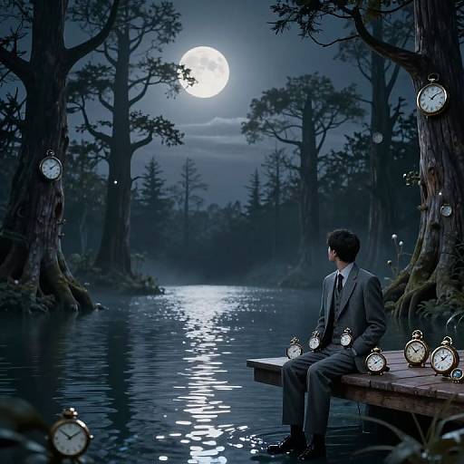 Moody nighttime forest scene: man in gray suit sits on wooden dock by moonlit lake, surrounded by floating antique clocks.