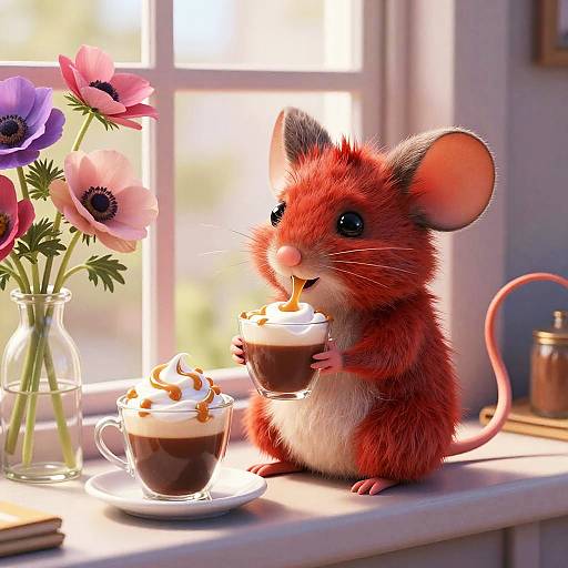 Cute, red-furred mouse with black eyes sips coffee from a cup, holding another, in a sunlit kitchen with pink anemone
