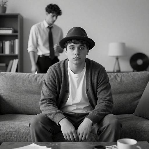 Moody Black-and-White Portrait in Living Room