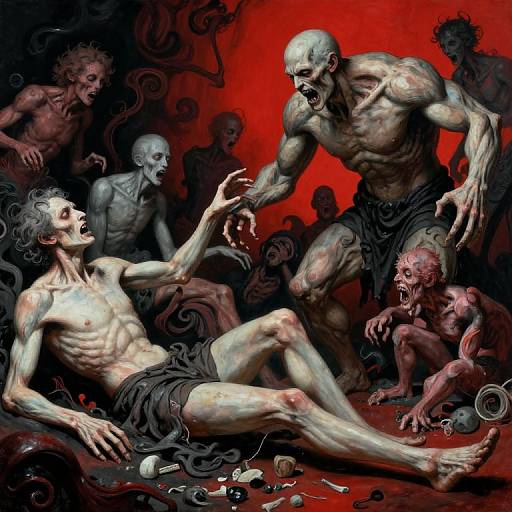 Digital painting of a zombie apocalypse: muscular undead creatures with pale skin and tattered clothes attack a screaming, injured, half-naked man on a blood