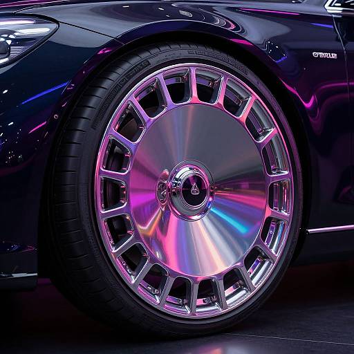 Close-up photograph of a shiny, chrome alloy wheel with pink and purple neon reflections on a black luxury car.
