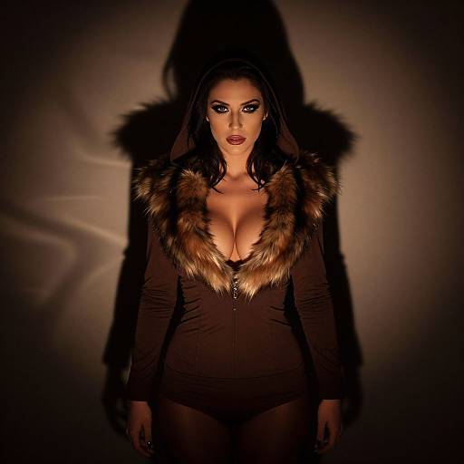 Photograph of a dark-haired woman with striking makeup, wearing a deep V-neck brown fur-trimmed jacket, highlighting her cleavage, against a