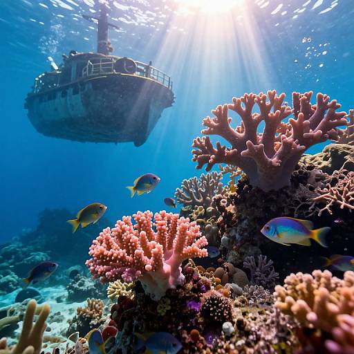 Photograph of a sunlit underwater scene with a ship in the background, colorful coral reefs, and small yellow and blue fish swimming around.