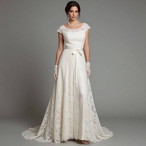 Photograph of a dark-haired woman in an elegant white lace wedding dress with short sleeves, pearl necklace, and white gloves, standing against a gray background