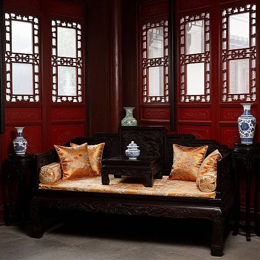 Photograph of an elegant dark wood Chinese-style sofa with orange patterned cushions, surrounded by intricately carved wooden screens and blue and white porcelain vases