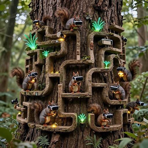 Photograph of a forest tree with intricate wooden maze, each compartment containing a squirrel holding a miniature camera, lit by green and yellow lights.