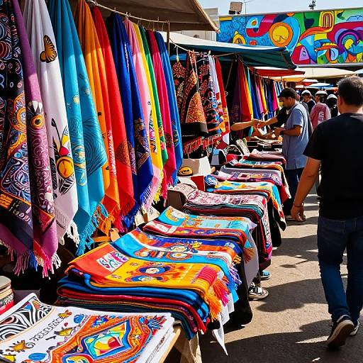 Photograph of a vibrant outdoor market stall with colorful, patterned scarves and blankets hanging, and several people browsing. Bright, sunny day.