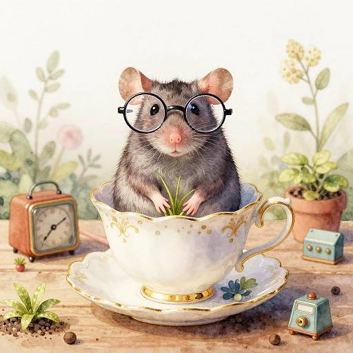 Whimsical Rat in Teacup Scene