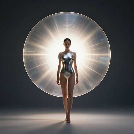 Woman in Metallic Swimsuit with Radiant Disc