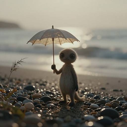 Photograph of a small, fuzzy, white anthropomorphic creature holding a delicate, lace umbrella on a pebbly beach at sunset, with sunlit