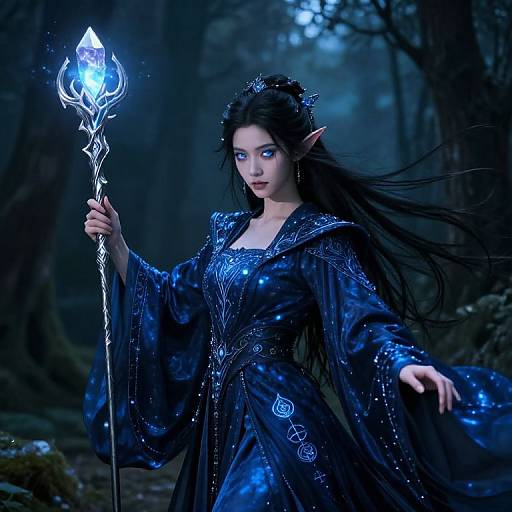 Digital art of a blue-eyed, elf-like woman with long black hair, wearing a starry blue dress, holding a glowing, crystal staff in a