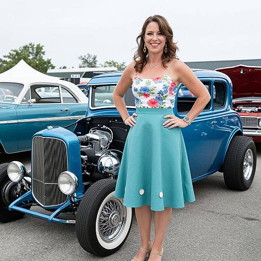 Photograph of a smiling woman with wavy brown hair, wearing a floral sleeveless top and teal knee-length skirt, standing in front of a vintage