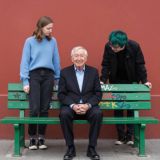 Dynamic Trio on Colorful Urban Bench