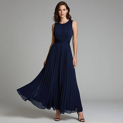 Photograph of a fair-skinned woman with dark brown hair, wearing a sleeveless, floor-length, navy blue pleated dress, standing against a