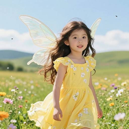 Joyful Girl in Sunny Meadow with Fairy Wings