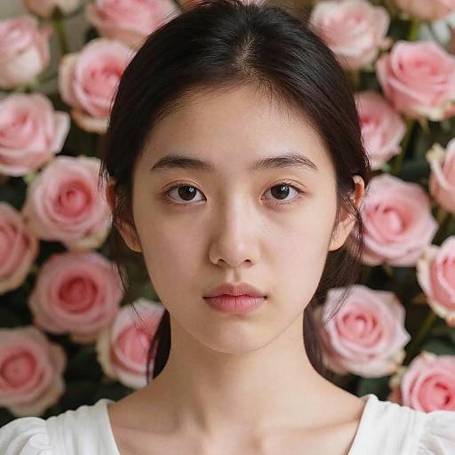 Close-up photograph of an Asian woman with straight black hair, fair skin, and brown eyes, wearing a white top, surrounded by pink roses in the