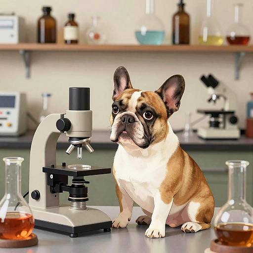Photograph of a French Bulldog with a white and brown coat sitting on a lab bench next to a microscope, surrounded by glass beakers and laboratory