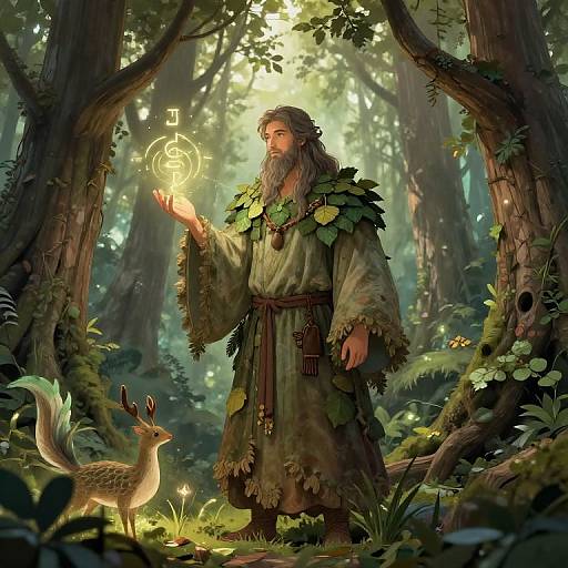 Magical forest scene: bearded wizard in green leafy robe, glowing runes in hand, deer with glowing antlers beside him, sunlight filtering through
